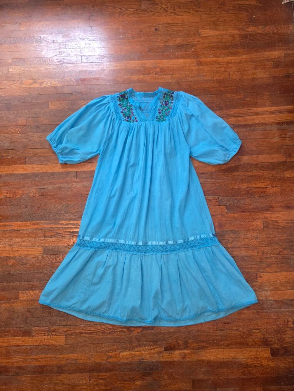 Handmade Vintage 1980s Blue Embroidered Puff Sleeve Boho Mumu Lace Midi Dress